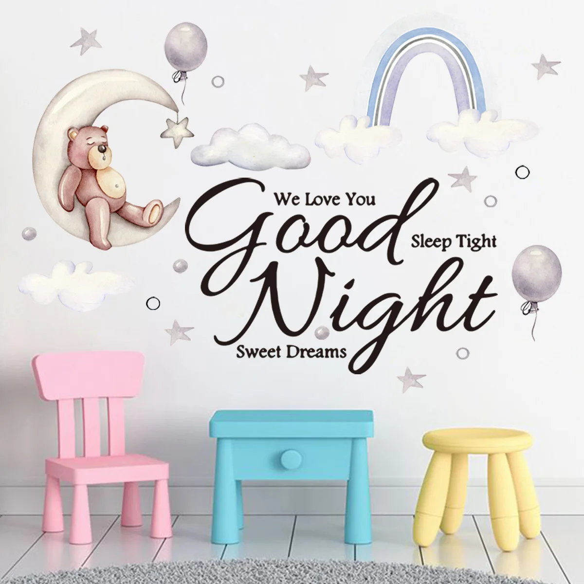 

Cartoon Bear Sleeping on The Moon Wall Stickers for Kids Room Baby Room Decor Rainbow Wall Decals Self Adhesive Wallpaper