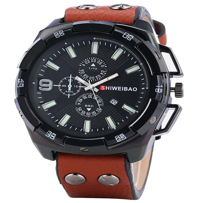 Мужские часы SHIWEIBAO модные спортивные кварцевые с отображением даты кожаным
