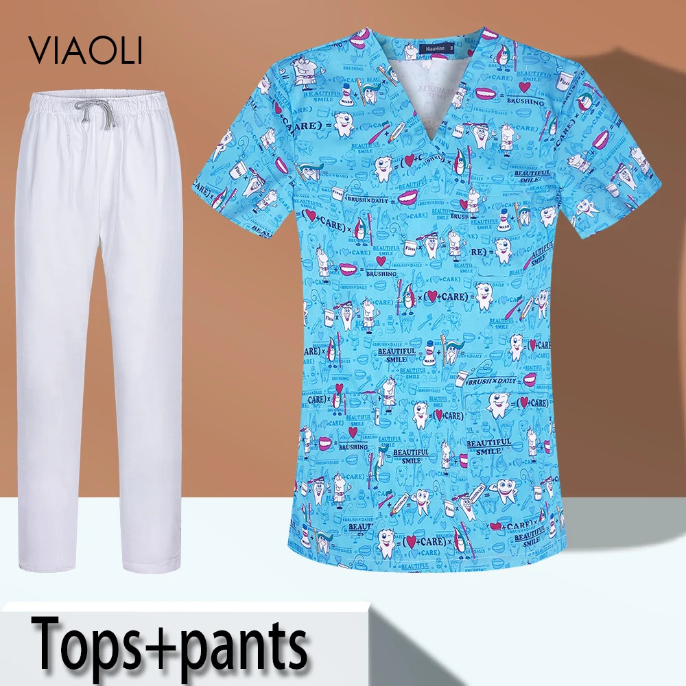 

Cotton Short Sleeve Scrubs Tops Pockets Breathable Print Spa Beautician Work Uniforms Lab Dustproof Uniforms Surgical Work Wear