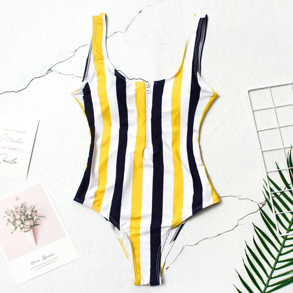 

2021 European American Style Hot Sale Sexy U-neck Skinny Women Bikini Multicolor Zipper Stripe One-piece Female Swimsuit Bikini