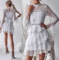 2022 summer hot selling trumpet sleeve solid lace stitched ruffle dress cupcake dress street wear sweet style dress