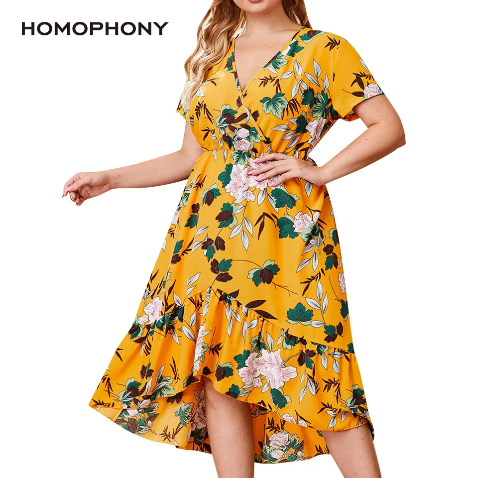 

Homophony Plus Size Woman Summer Dress Elegant V-neck Asymmetry Patchwork Print Ruffles Irregular Hem Dress Casual 4XL Robe Femm