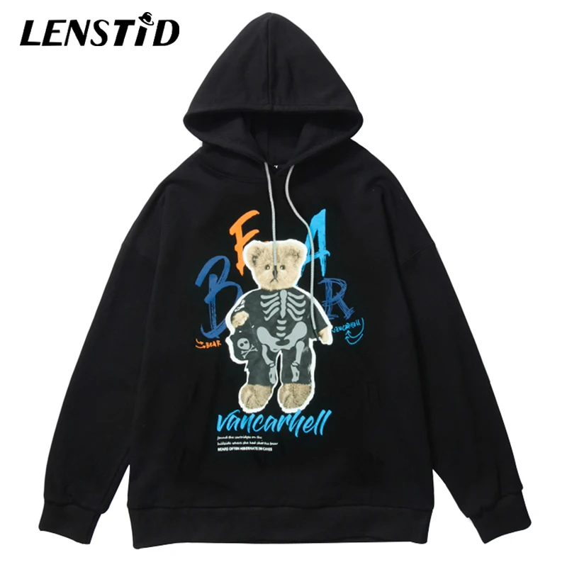 Мужские пуловеры LENSTID в стиле хип-хоп толстовки с принтом медведя черепа