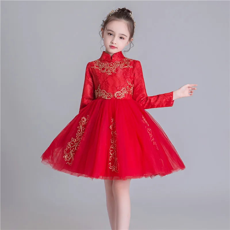 Платье для девочек красное платье принцессы с цветочным узором осенне-зимняя