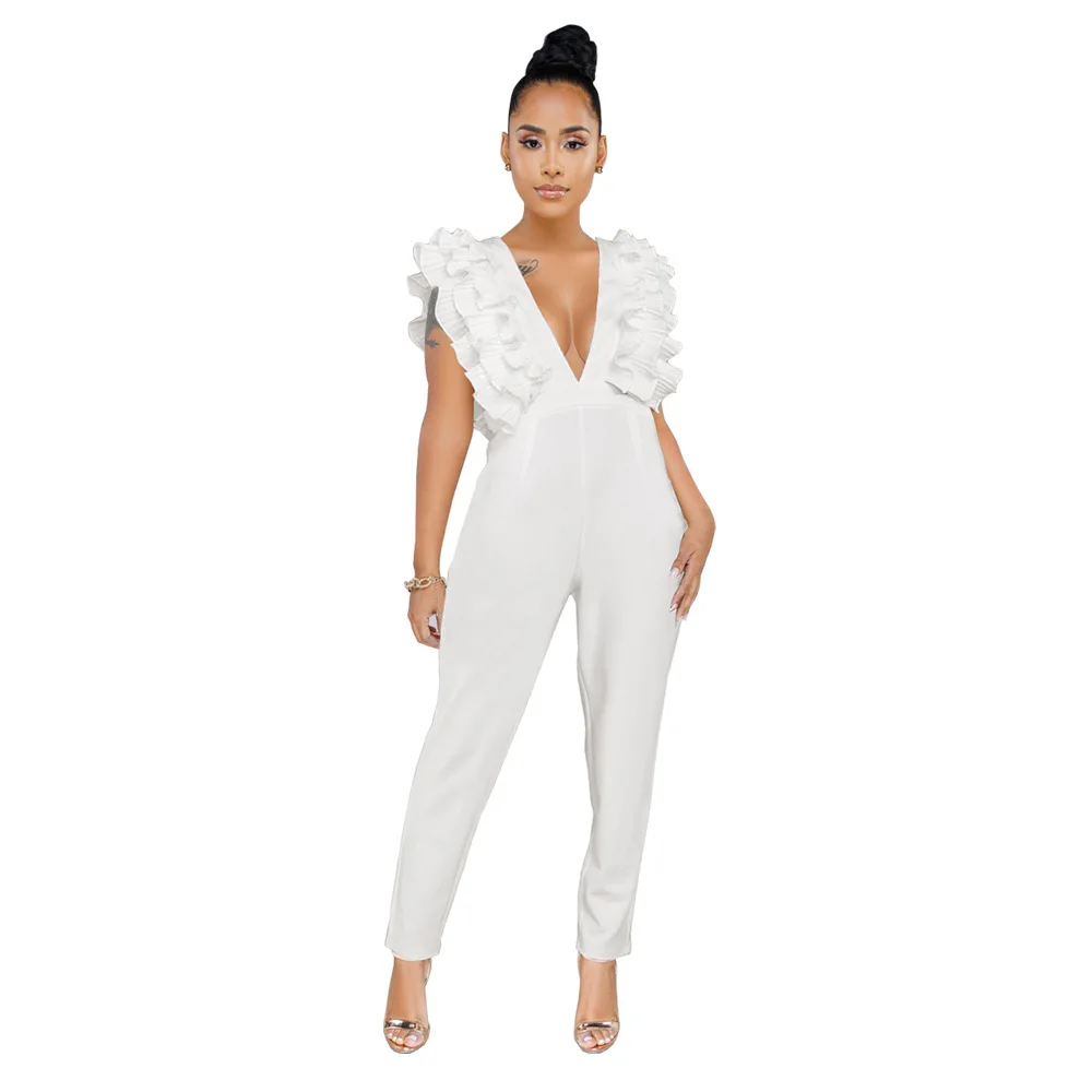 Элегантный белый комбинезон с оборками для женщин сексуальный без рукавов V