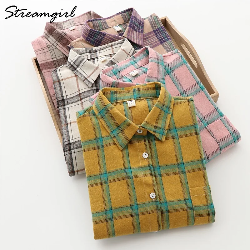 

Brown Plaid Shirt Women Cotton Top And Blouses Long Sleeve Oversized Blouses Loose Tops Female Spring Vintage Shirts For Women