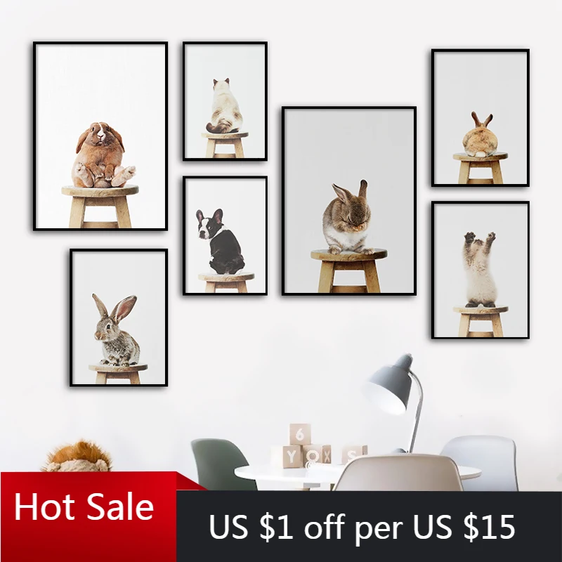 Детский постер на стул с изображением животных кролик собака кот Картина холсте