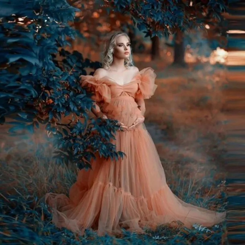 

Pretty A-Line Draped Tulle Long Maternity Shoot Party Dresses Women Baby Shower Soft Lush Ruffled Pleat Off Shoulder Prom Gowns