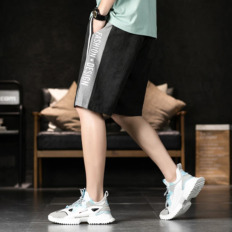 Мужские повседневные шорты с эластичной талией серые летние принтом лоскутные