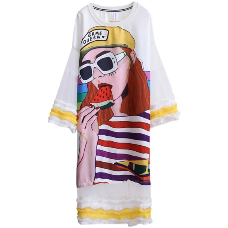 

Sister Fara Loose Lace Patchwork Women's Dress 2021 Summer Fashion Plus Size Print Long Sleeve Mid Dress Casual Women's Dresses