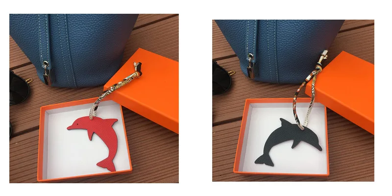 

Genuine Leather Dolphin Charm Silhouette Two-Sided Luxury Designer Style Ornament Cute Pendant For Women Handbag Handmade