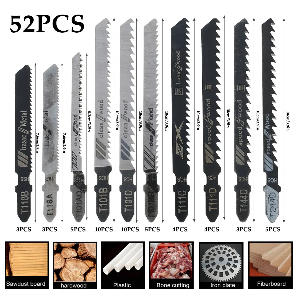 

52Pcs Jig Saw Blade Jigsaw Blades Set Metal Wood Assorted Blades Woodworking T111D/T101BR/T144D/T101B/T111C/T101D/T244D/T101AO