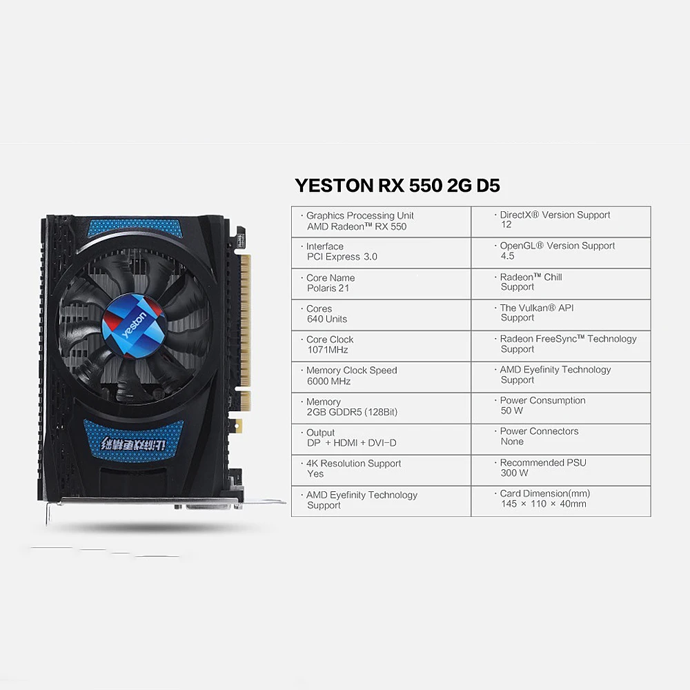 Yeston RX 550 2G D5 TA графическая карта видеокарта AMD Radeon Chill 2 Гб памяти GDDR5 128Bit 6000 МГц DP + HD