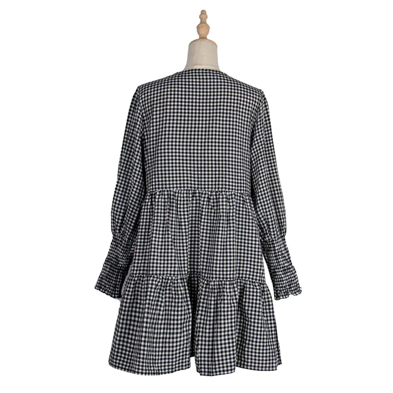 

Women Vintage Ruffle Plaid Mini Dress Casual Fashion V Neck Puff Sleeve Dress Female 2021 Spring New Style Elegant Loose Dresses