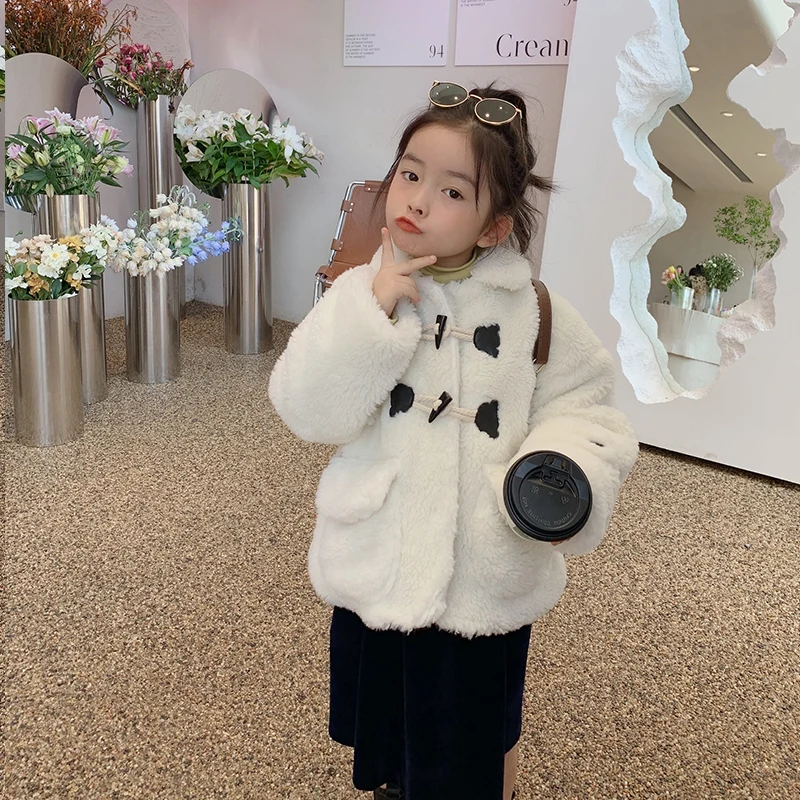 

MILA CHOU 2021 Winter Children Grain Fleece Jacket Thick Lambwool Baby Boy Girl Horn Button Coat Warm Ourwear Kids Clothes