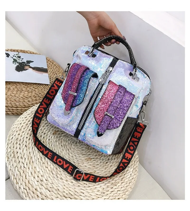 

Free shipping backpack Sequin fashion traveling backpack All-match High capacity Dual-purpose trend color matching Discoloration