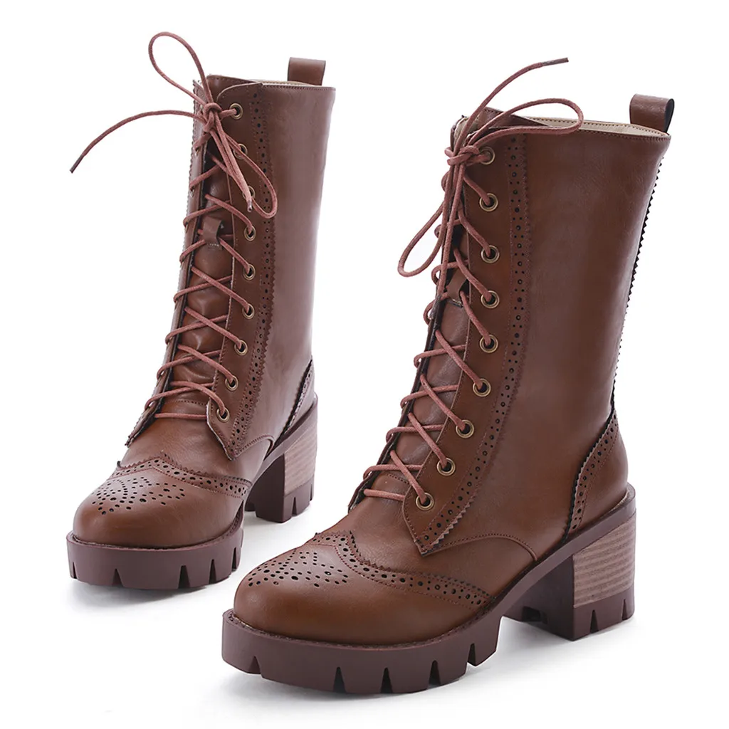 

shoes woman winter boots women Fashion Pure Color Round Toe Lace-Up Boots Square Heels Vintage Women Boots