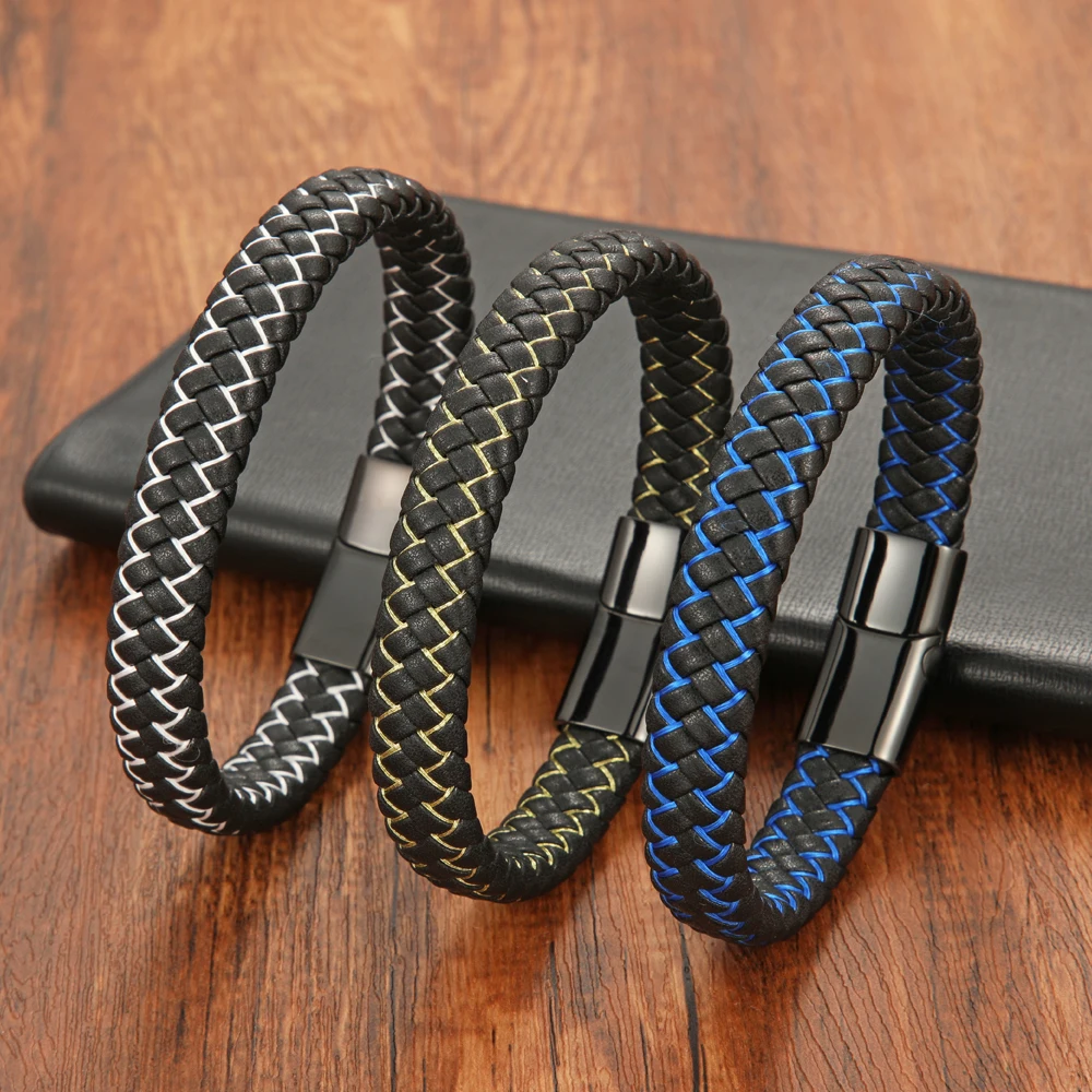 

Punk Braided Blue Black Genuine Leather Bracelet for Men Women Couple Jewelry Stainless Steel Magnetic Clasp Birthday Gift