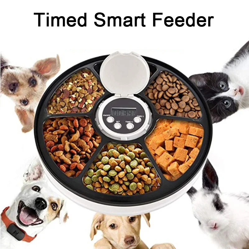 

Автоматическая кормушка для домашних животных, устройство для кормления кошек, 6 ячеек, таймер 24 часа, сухая и влажная еда, для собак и кошек