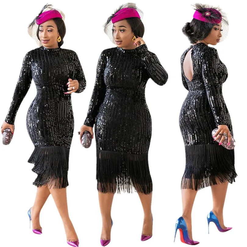 Женское облегающее платье с длинным рукавом и блестками вечерние праздничные