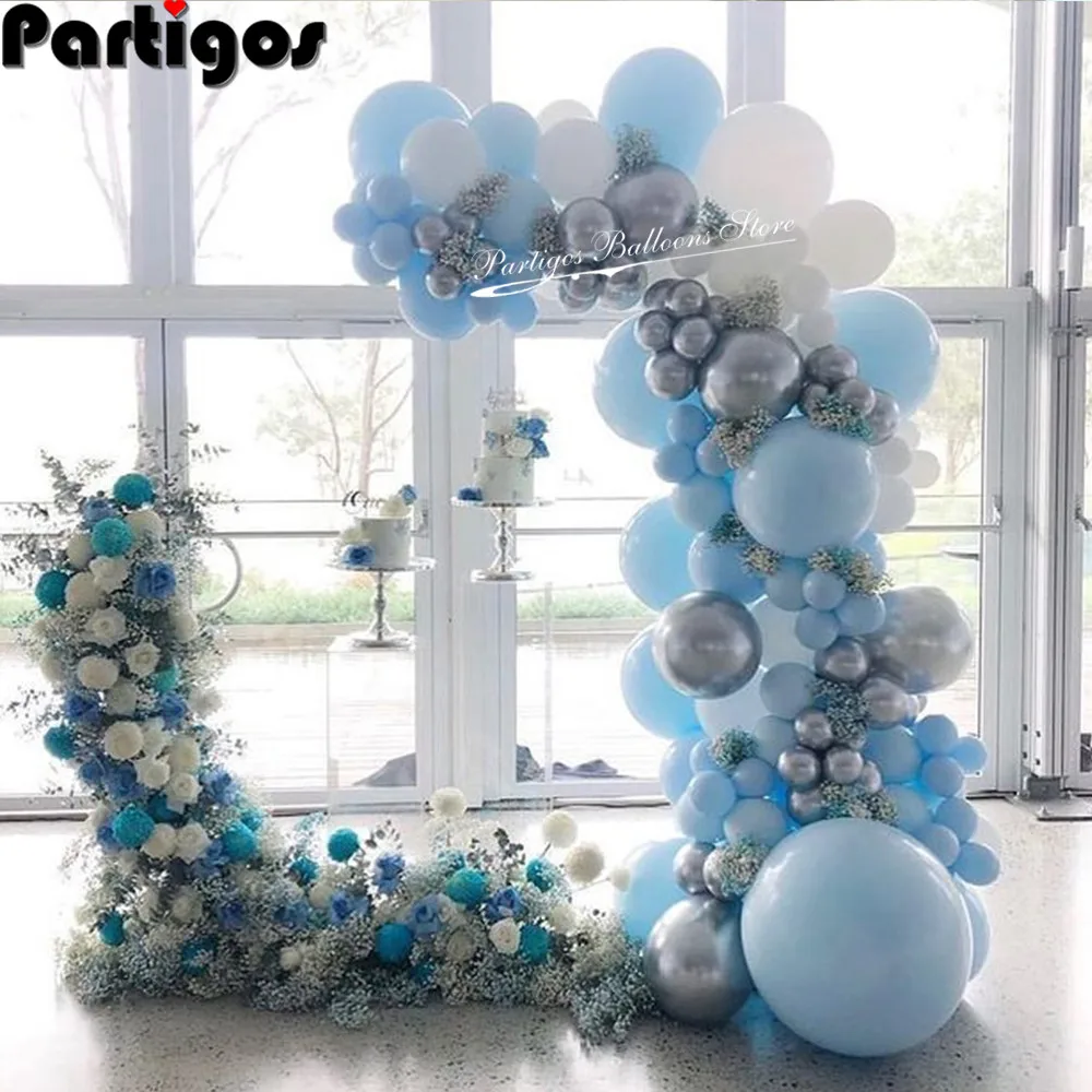 

105pcs Pastel Light Blue White Balloon Garland Arch Kit Metal Silver Chrome Balloons Gender Reveal Birthday Party Wedding Decor