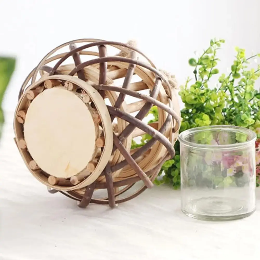 

Living Room Tealight Holder Hanging Windproof Crafts Festival Home Decor Round Wedding Vintage Wooden Wicker Lantern Candlestick