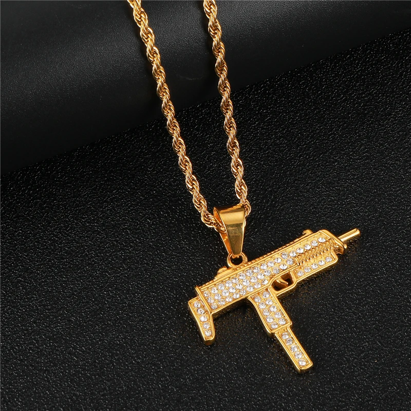 Iced Out Полный Стразы пистолет УЗИ форма кулон ожерелье s Bling Золото Цвет Нержавеющая сталь ожерелье для мужчин хип хоп ювелирные изделия