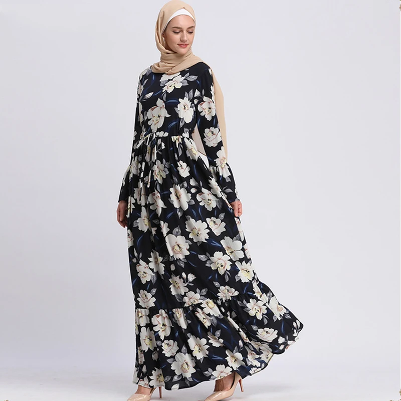 

Turkey Middle East Dubai Muslim Sweet Dress Women Print Floral Lace-up Big Swing Abaya Dresses Musulman Islamic Clothing Kimono