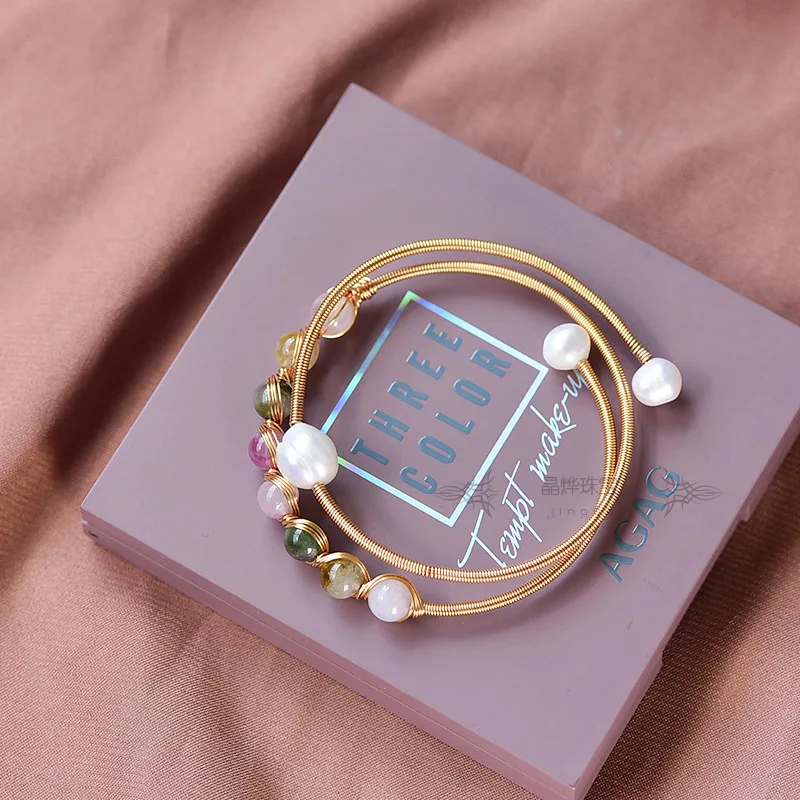 

Natural Original 14k Gold-Wrapped Handmade Bracelet, White Pearl Tourmaline Bracelet, Double Circle Female Jewelry