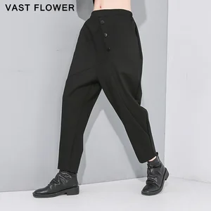 Брюки-султанки женские с завышенной талией, винтажные повседневные свободные штаны на пуговицах, модная уличная одежда, черные, весна-осень 2021