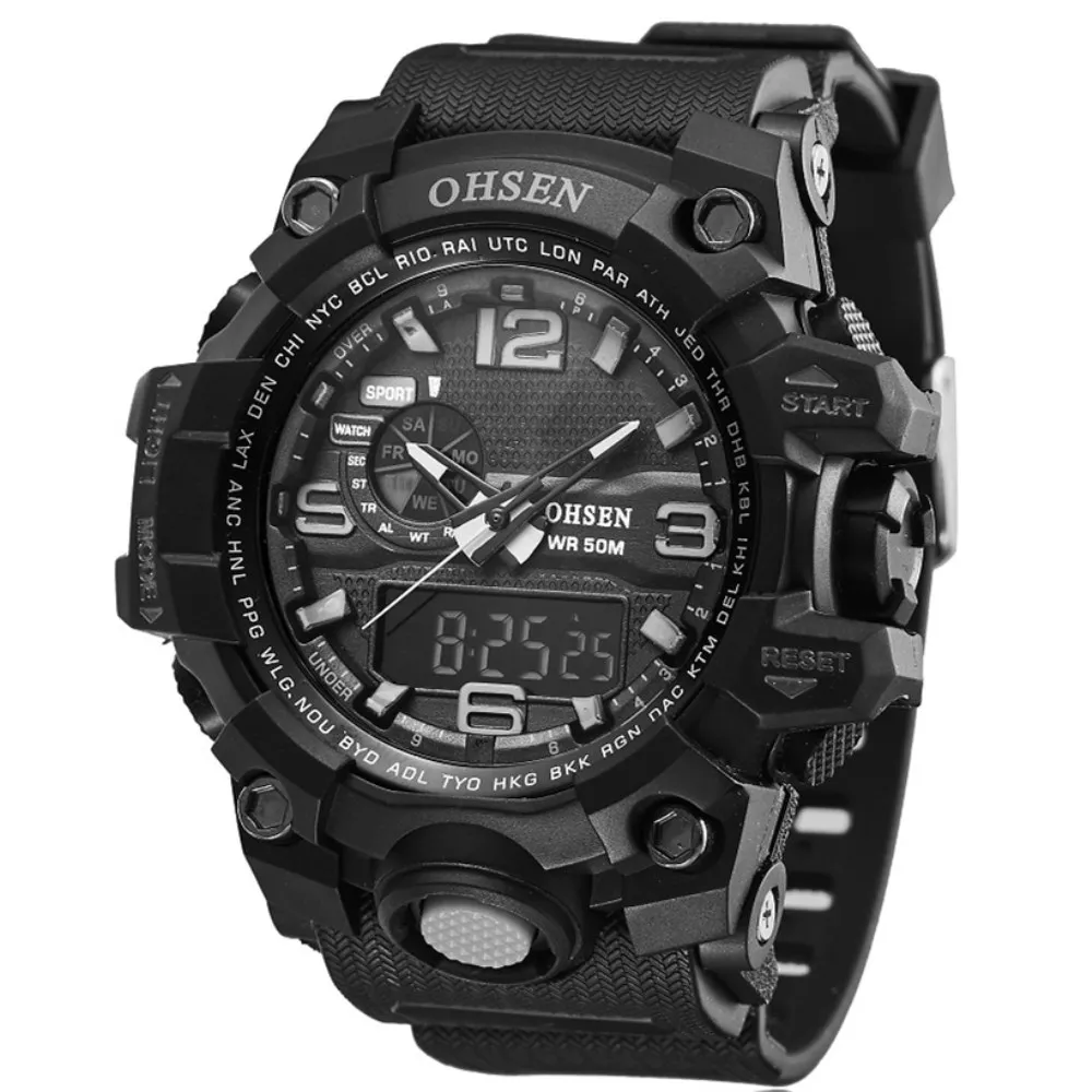 

Часы наручные OHSEN Мужские Цифровые, брендовые Роскошные спортивные водонепроницаемые в стиле милитари, с двойным дисплеем, 5 бар