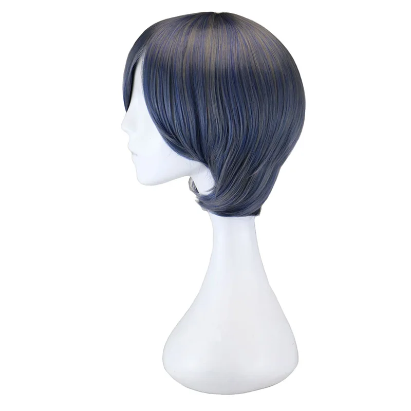 Парик женский для косплея короткие прямые с челкой смешанные голубые цвета