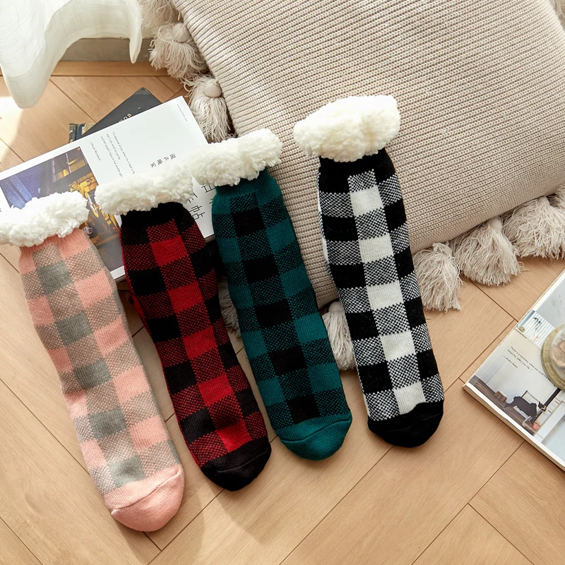 Women Winter Socks Plus Cotton Thicken Sleep Keep Warm Stocking Fashion Plaid Christmas Gift Lady Cute Home Floor Socks 2021 New