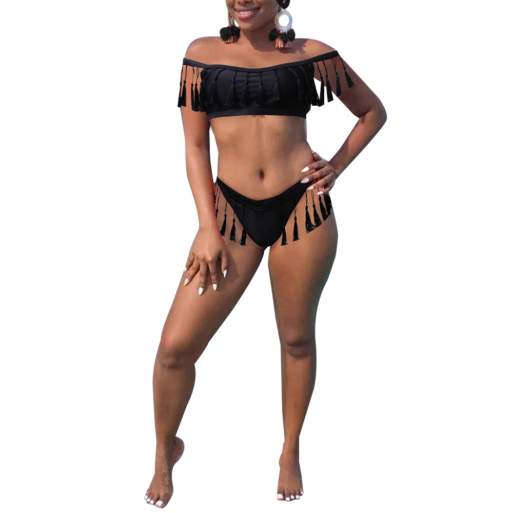 2020 Women Sets Summer Beach Bikinis Set Swimwears Slash Neck Tassel Top + Panties Two Piece Bohemian Swimsuit GL6016 |