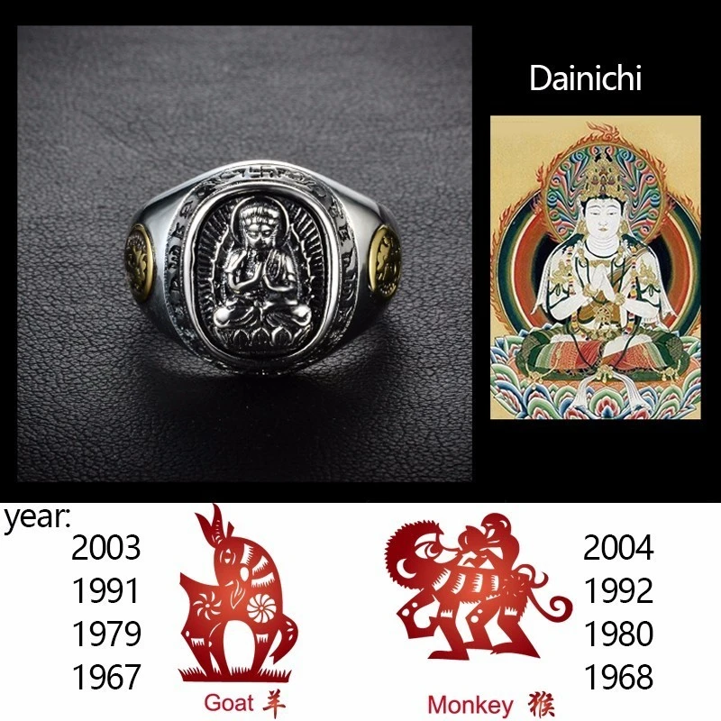 ZABRA Buddha Real 925 Silver Rings For Women Men Chinese Zodiac Patron Saint Vintage Mens Signet Ring Adjustable Biker Jewelry - Цвет камня: Dainichi