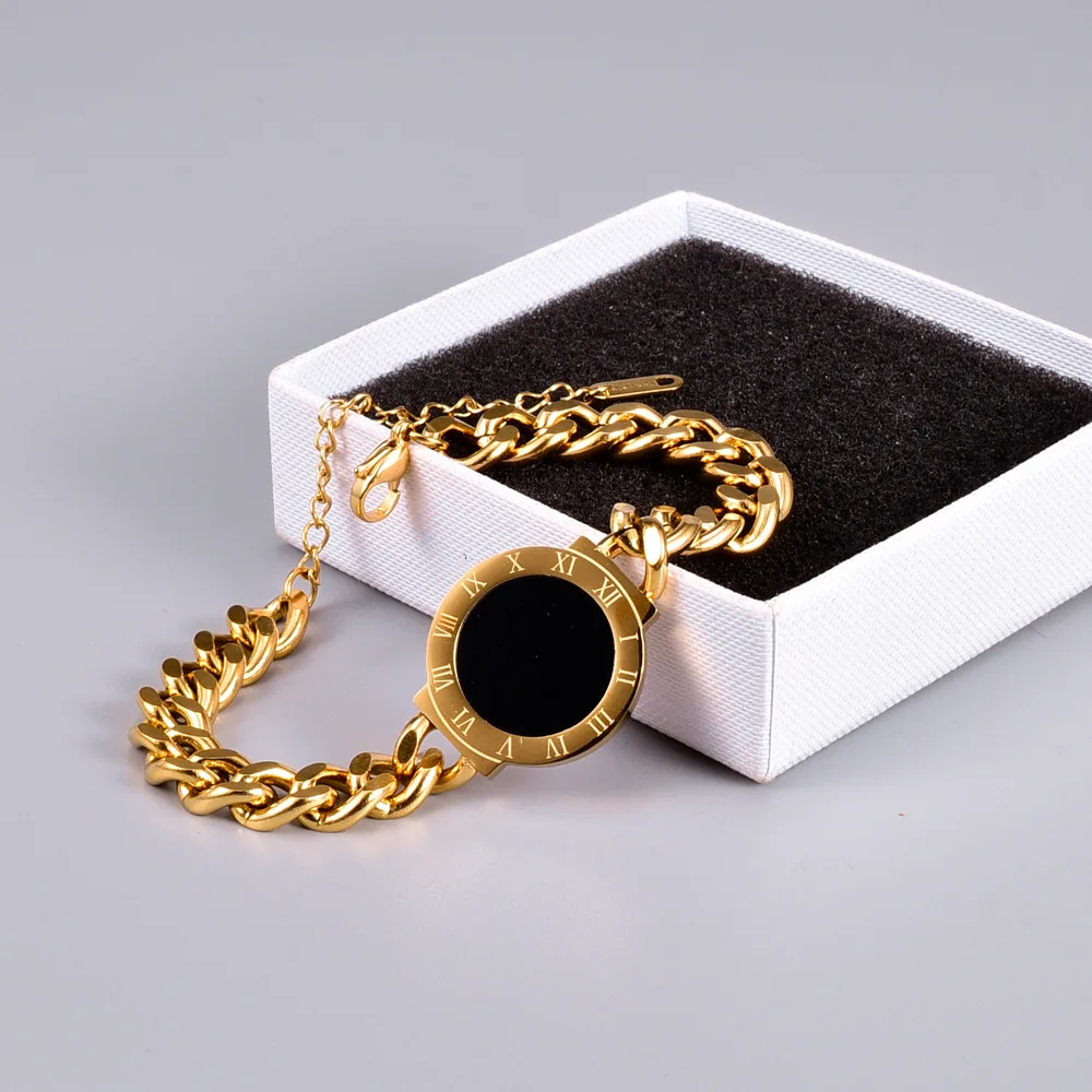 Pulsera de concha negra con números romanos para mujer, brazalete de acero de titanio dorado, cadena gótica, regalo de joyería