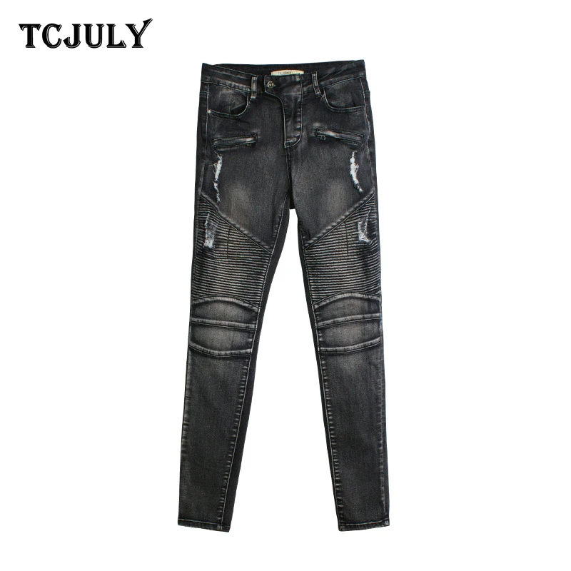 TCJULY 2020 Pleated Locomotive Skinny Jeans Woman Bleachd Washed Push Up Denim Pencil Pants Streetwear Slim Stretchy Black | Женская