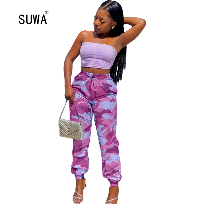

Safari style camouflage print drawstring elastic leg long pants sport wear casual pocket trousers women jogger sweat pants