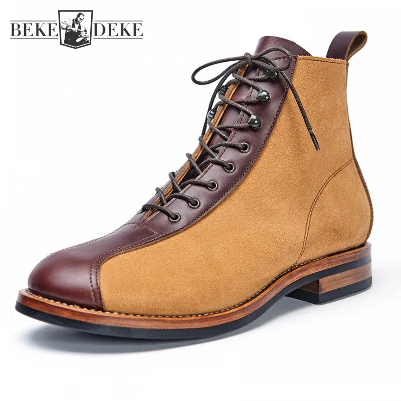 

Рабочие ботинки ручной работы высокого качества, мужские замшевые ботильоны из коровьей кожи смешанных цветов в стиле ретро, ботинки из натуральной кожи с круглым носком