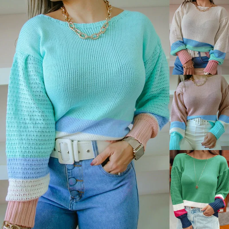 Женский свободный Трикотажный свитер с контрастными манжетами и расклешенными