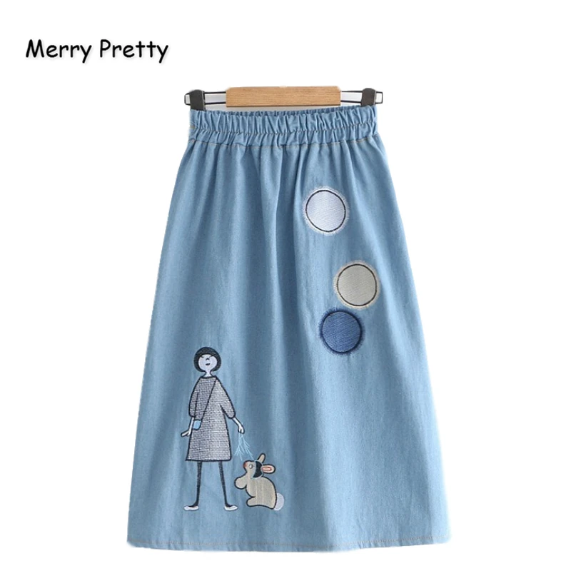 

Merry Pretty Denim Women's Cartoon Embroidery Denim Skirts 2020 Autumn Elasticity Waist A-Line Skirts Femme Girl Jeans Skirt