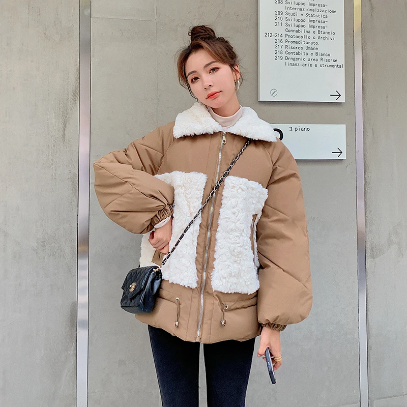 2021 Winter Women Thickened Lamb Velvet Fur One Short Coat Parkas Patchwork Fleece Thick Motorcycle Jacket Warm Padded OverCoat