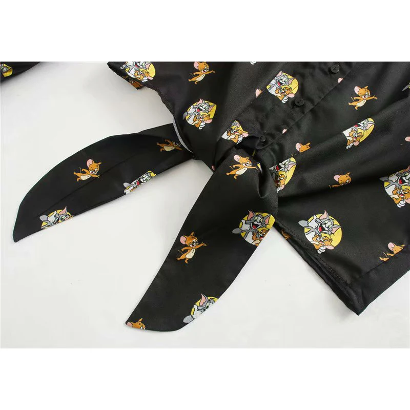 Women shirt za 2020 carton mouse and cat print V neck blouse vintage long sleeve bow blusa feminina casual plus size womens tops | Женская