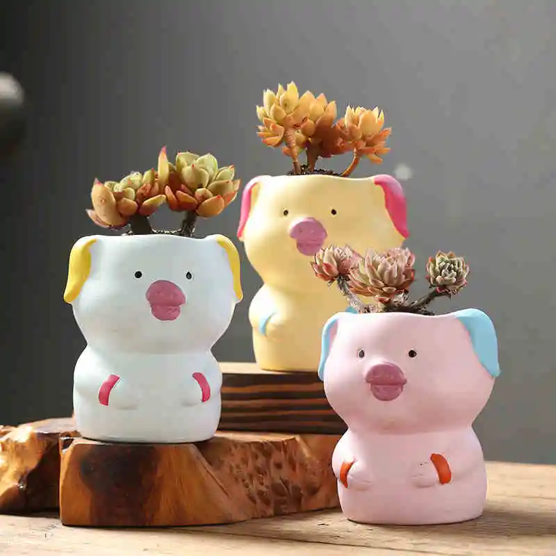 

Creative Cartoon Piggy Stoneware Hand-painted Small Lao Pile Ceramic Flower Pot Succulent Flower Pot Personality Breathable