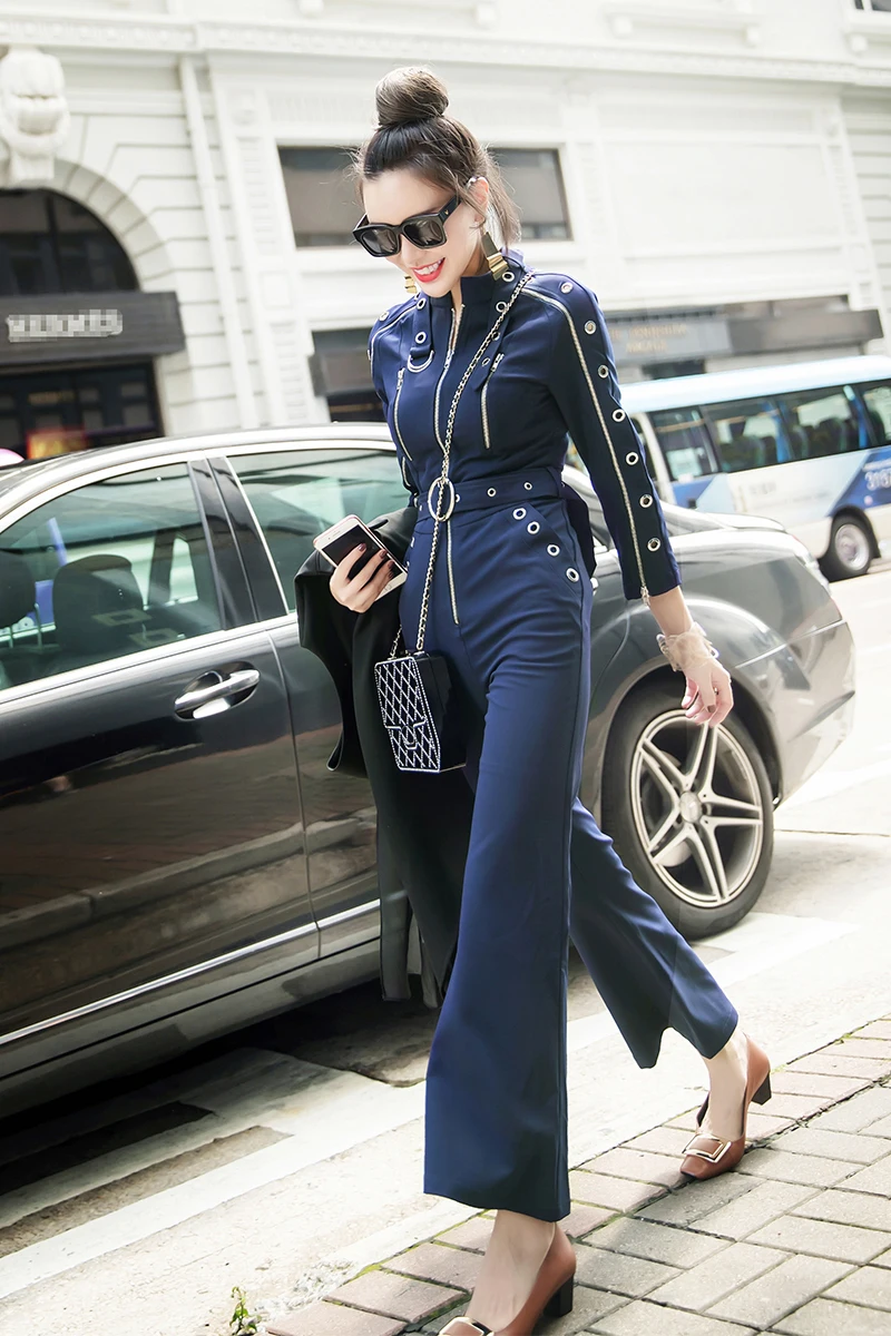 

Catsuit Sale Vadim Women's Jumpsuits 2020 Spring New Slim High Waist Tight Metal Rivets Nine Points Trumpet Jumpsuit Women