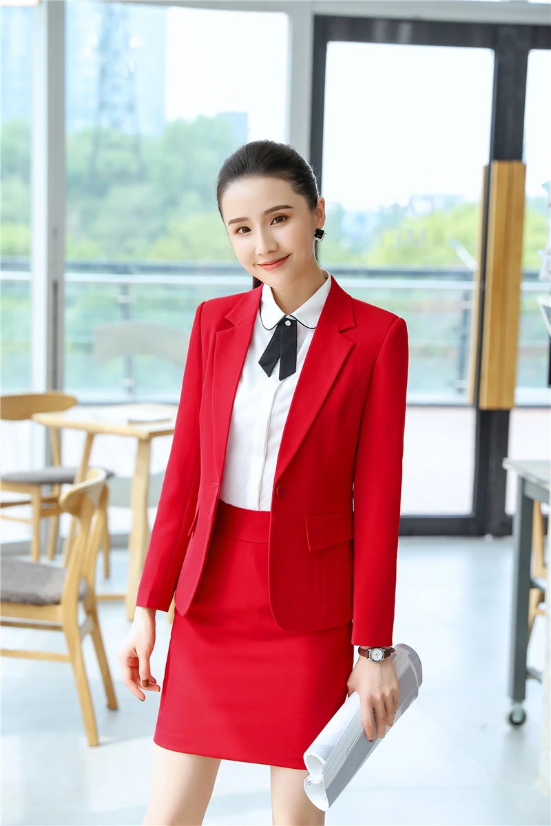 Элегантный красный Профессиональный деловой женский Рабочий костюм с юбкой и