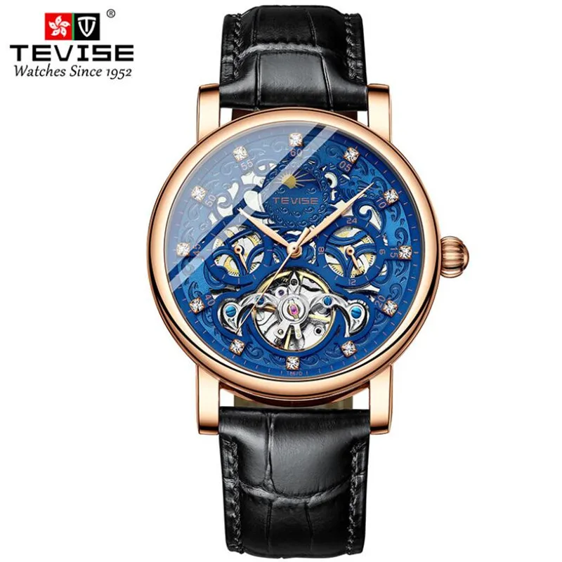 Fase da Lua Relógio de Couro Reloj Tevise Tourbillon Suíça Relógios Masculinos Relógio Automático Homem Auto-vento Moda Mecânica