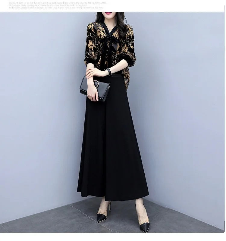 

2020 autumn summer fashion ladies suit casual high waist wide leg pants V-neck short sleeve printed Tops women two-piece A53