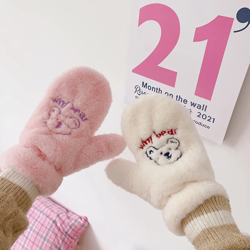 

cute Faux Fur gloves female winter mittens fur gloves fingerless gloves winter gloves women girls mittens bear embroidery