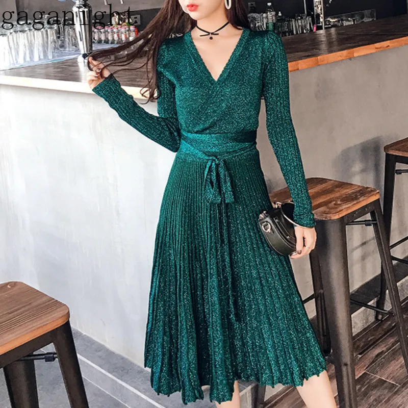 Gaganight элегантное женское облегающее платье с люрексом длинные рукава v образный